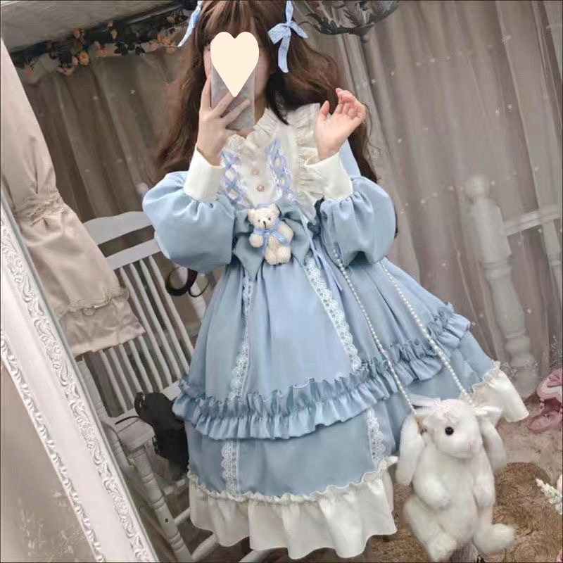 ロリータスカート 2025 甘いスタイルウエスト春夏学生ロリータスカートかわいい長袖ドレス女性のストレートヘア|undefined
