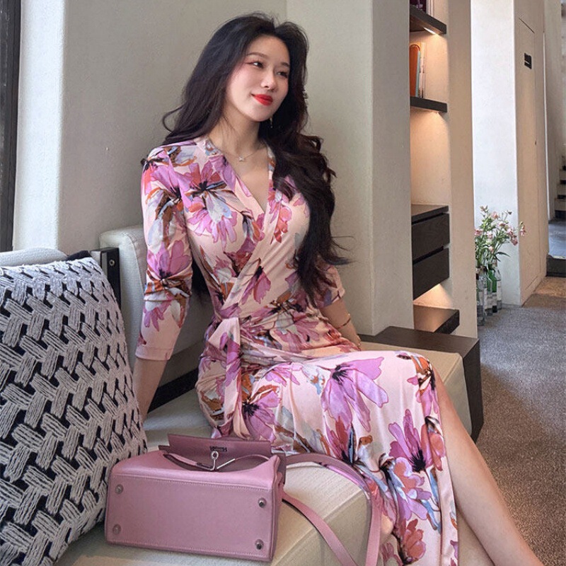 Xwf8822 French Resort Style One-Piece Strappy Slimming Printed Dress 2026 Summer Slimming Wrap Dress Xwf8822 French Resort Style One-Piece Strappy Slimming Printed Dress 2026 Summer Slimming Wrap Dress