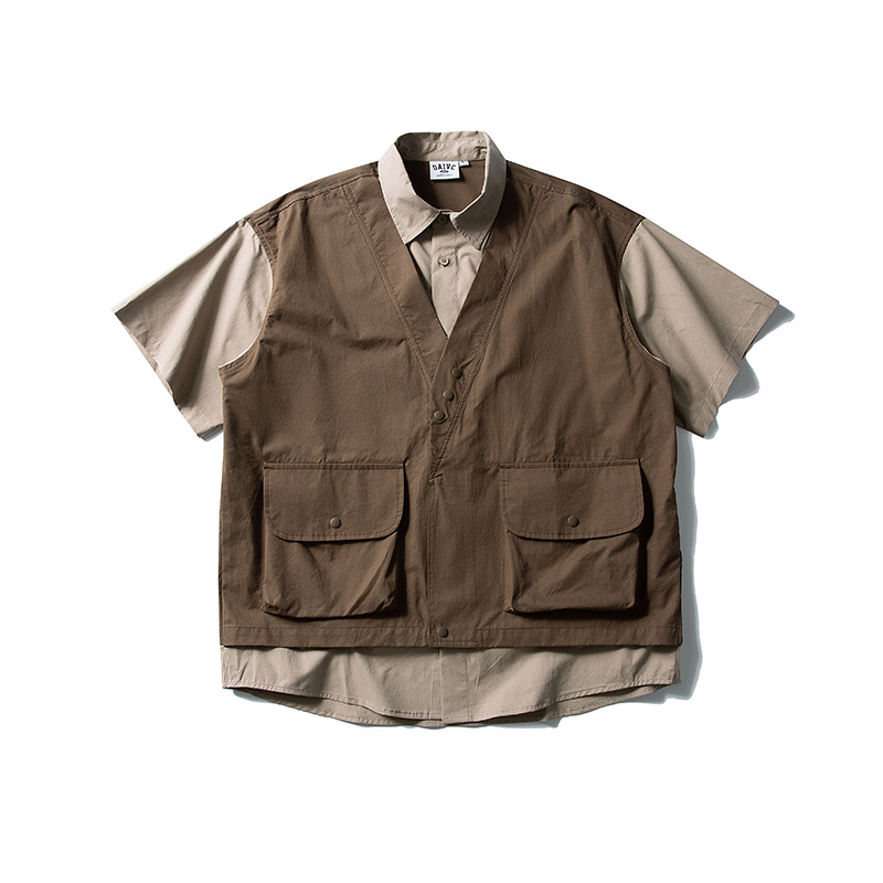 Southern Summer Dress 2025 Summer New Japanese Style Fake Two-piece Workwear Pocket Short-sleeved Shirt Retro Loose Jacket for Men