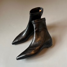 通勤内增高瘦瘦靴~4.5厘米尖头软皮弹力靴后拉链坡跟靴子新软羊皮