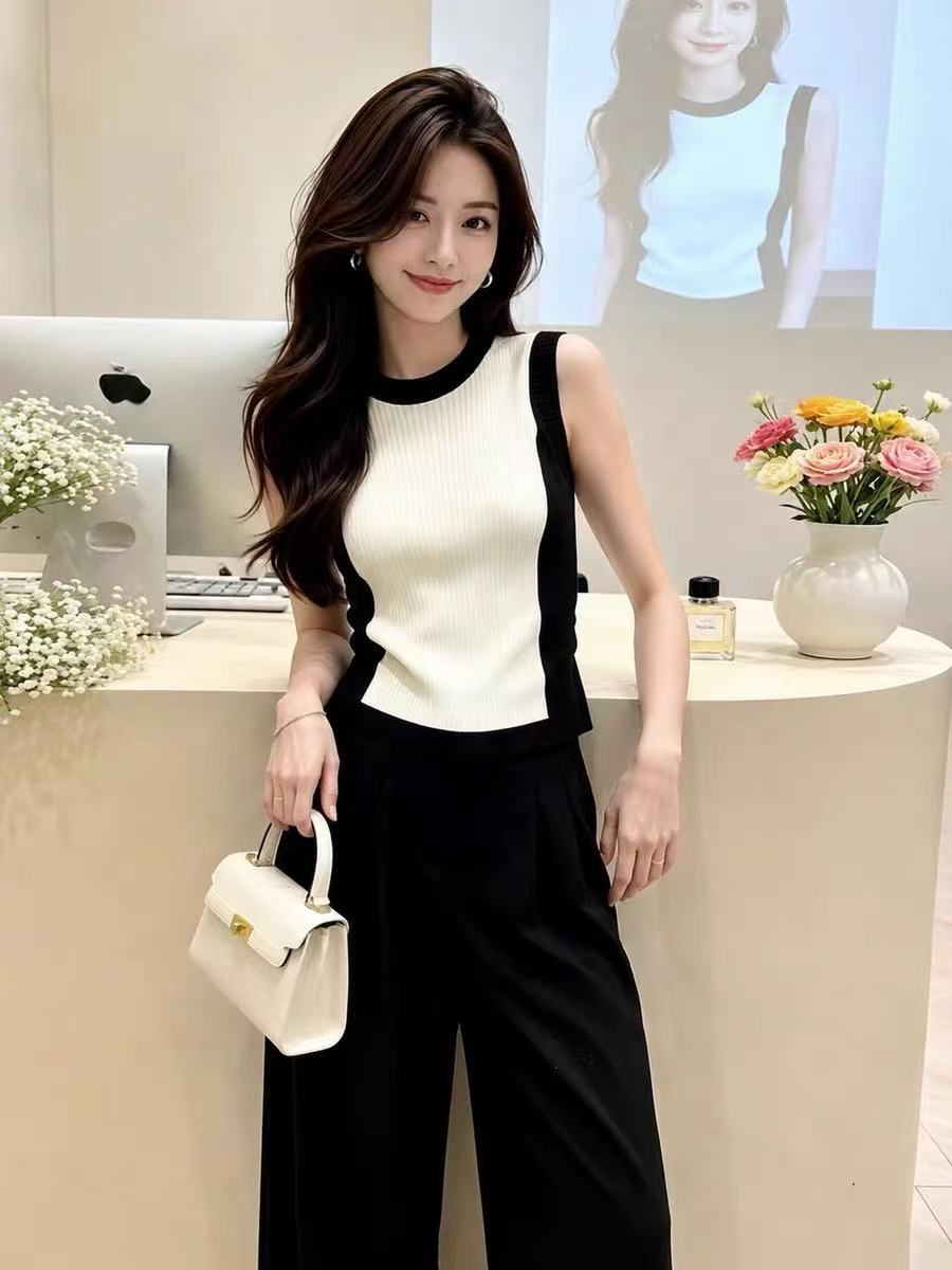 Áo hai dây nữ phối đen trắng tương phản, dáng ôm eo, phong cách Pháp — trắng