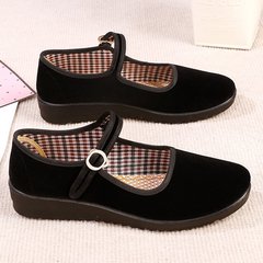 Upgraded Old Beijing Style Cloth Shoes for Women, Black Flat Heel, Hotel Dance Shoes, Chinese Restaurant Waitress One-Buckle Shoes