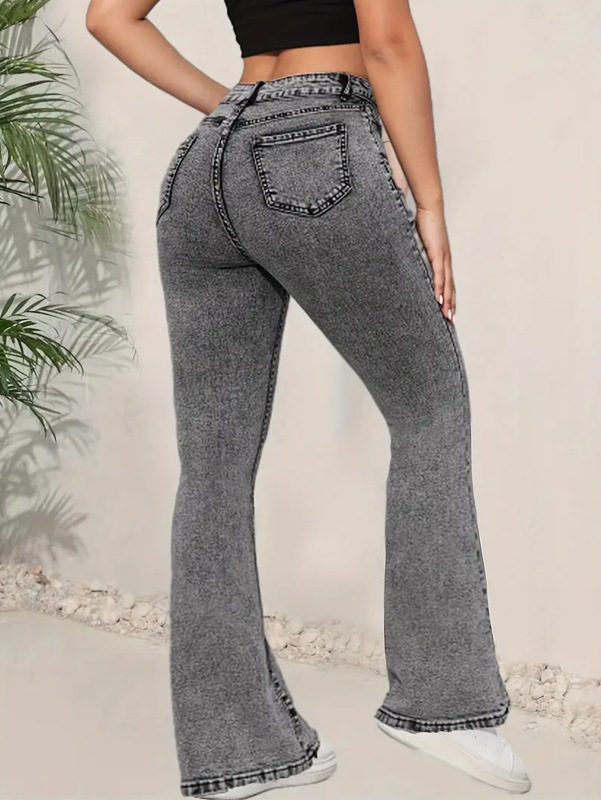 ヨーロッパとアメリカの貿易 AliExpress ダークグレーの女性のジーンズスリムフィット多機能デザインミッドウエストデニムフレアパンツ|undefined