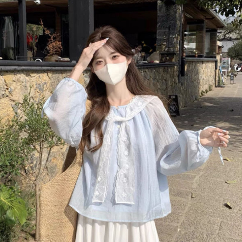Gauze Chiffon Shirt Women's Top Lace Summer Thin Navy Collar Lace-Up Shirt Long-Sleeved Lantern Sleeve Blouse