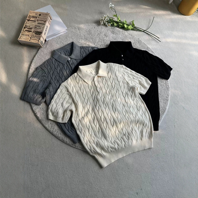 High-End Old Money Lp Style Cable Knit Summer Polo Shirt, Combed Long-Staple Cotton, Fitted Regular Shoulder Knit Short-Sleeve T-Shirt