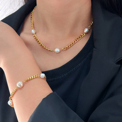 French Minimalist Style Flat Chain Personality Freshwater Pearl Splicing Bracelet Necklace Stainless Steel Women's Pearl Lock Chain Versatile