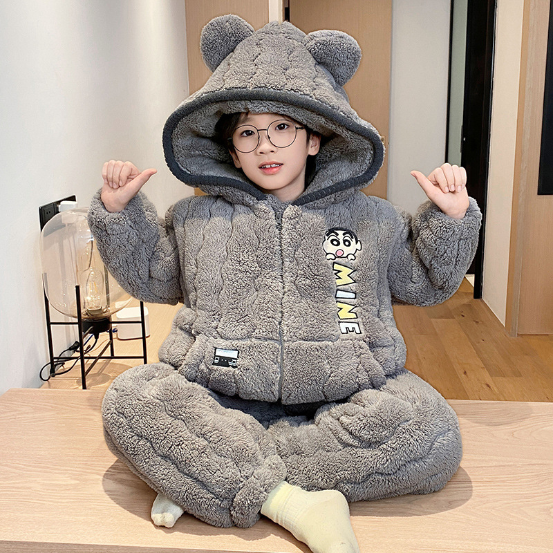 2025 Kidsren's New Three-Layer Quilted Winter Pajamas Coral Velvet Boys' Flannel Thick Warm Home Clothes