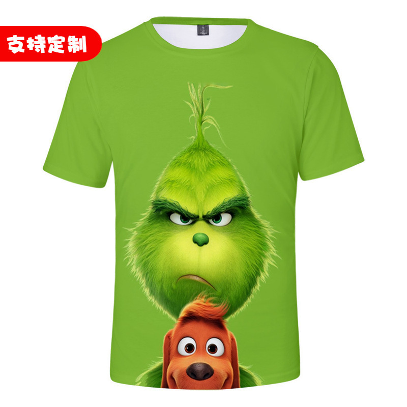New green fur strange Grinch peripheral adult children's clothing 3D digital printing short sleeve t-shirt