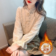 velvet thickened lace base shirt for women in autumn and winter 2025 new stand collar bow flared sleeve shirt fashionable top