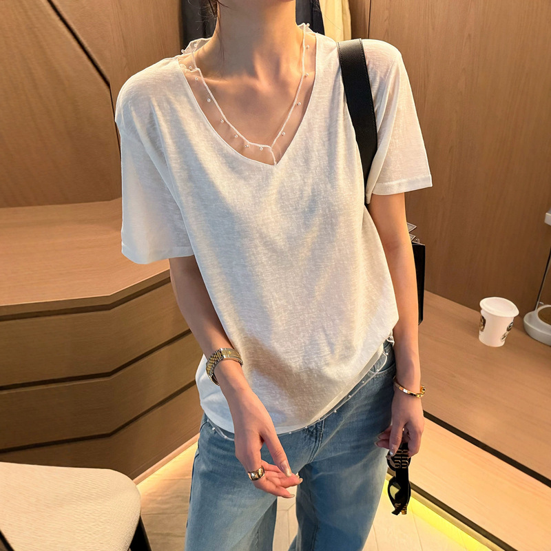 Fake Two-Piece Mesh Short-Sleeve T-Shirt for Women, European Style 2026 Summer New Fashion Base Shirt Trendy Fake Two-Piece Mesh Short-Sleeve T-Shirt for Women, European Style 2026 Summer New Fashion Base Shirt Trendy