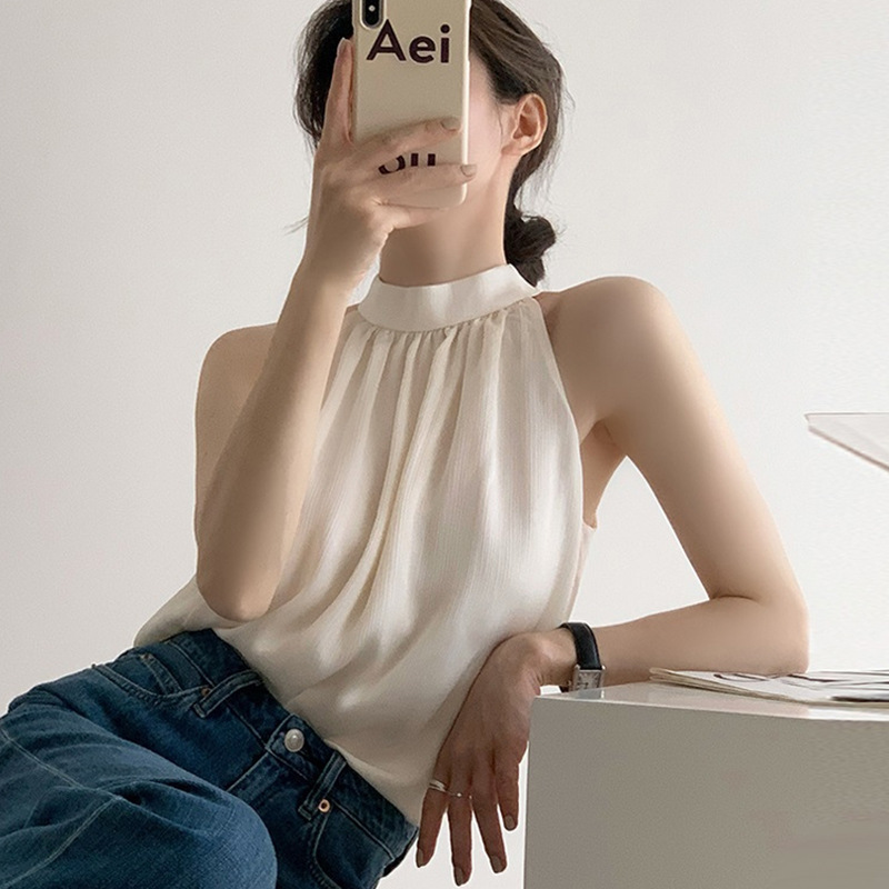 French-Style White Chiffon Shirt for Women with a Chic Halter Neck and Off-Shoulder Design, a Unique Top