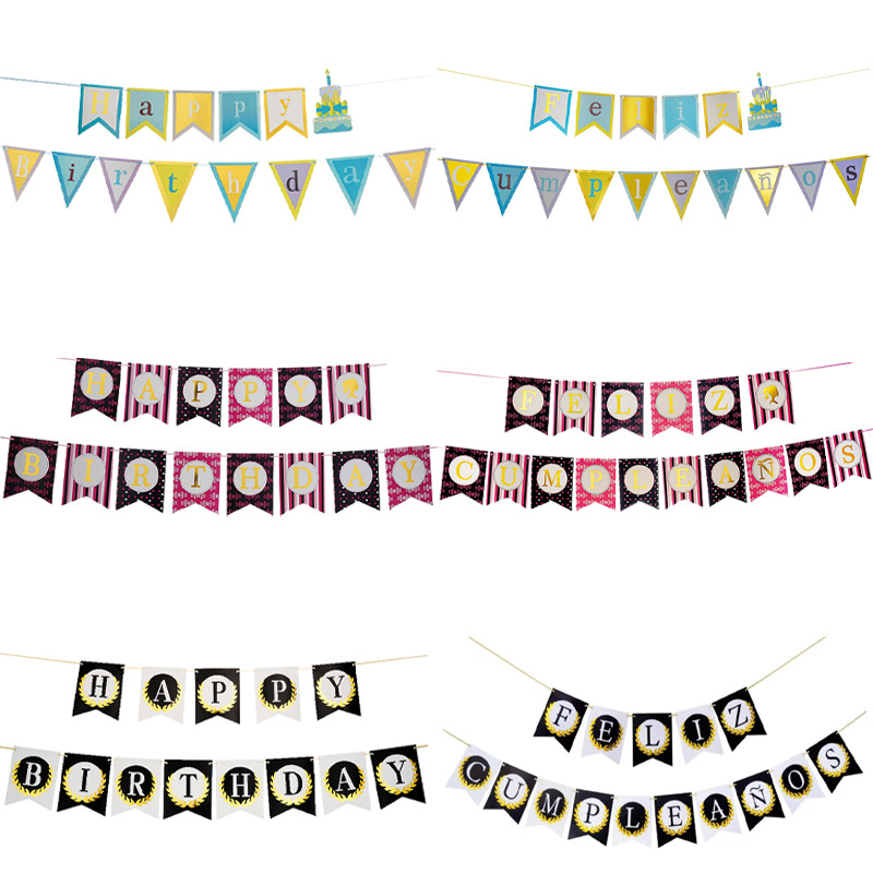 Bandera "Feliz Cumpleaños" blanco y negro