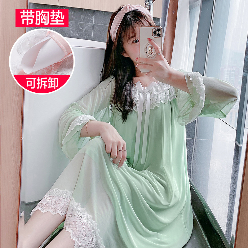 new pattern Nightdress pure cotton Long sleeve lovely princess Wind band Sternum Home Furnishings pajamas spring and autumn 8829# green