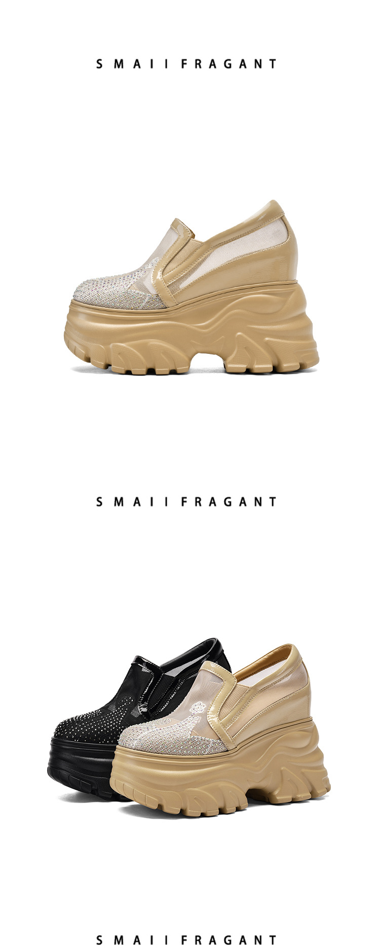 Giày sneaker platform nữ đế dày 12cm, lưới thoáng khí, phong cách loafer lỗ xỏ — Màu đen chi tiết 8