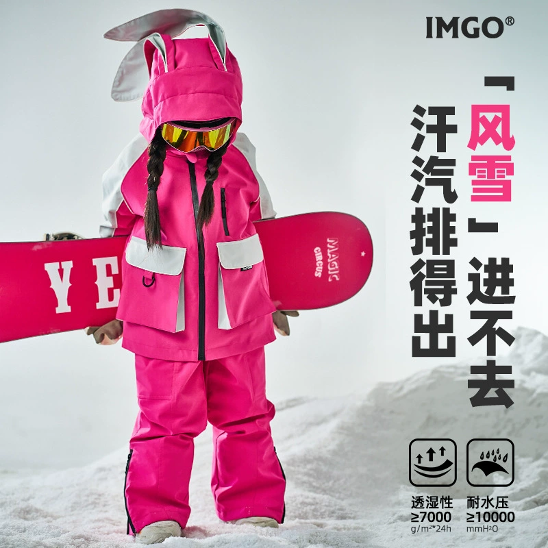 Профессиональная детская уличная милая ветрозащитная лыжная одежда на флисовой подкладке с утолщенными розово-красными кроличьими ушками, лыжная одежда для девочек, новый стиль