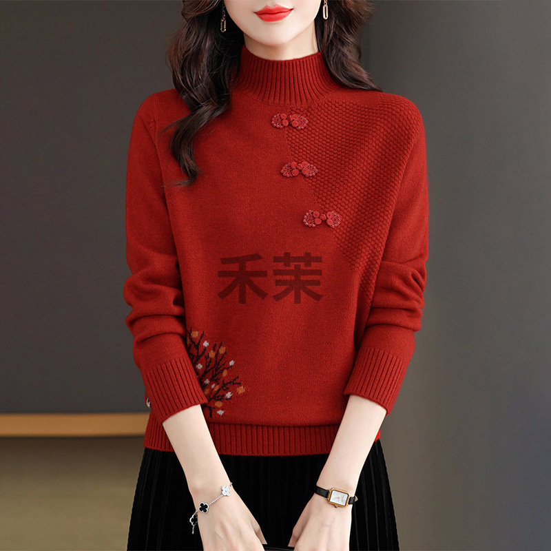 M 중국식 어머니의 가을과 겨울 새로운 중년 여성 스웨터 서양식 자수 니트 베이스 셔츠 하프 하이 칼라