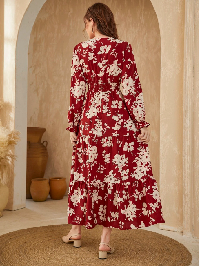 floral Printed V-neck Long Sleeve layered Dress NSHFC136790