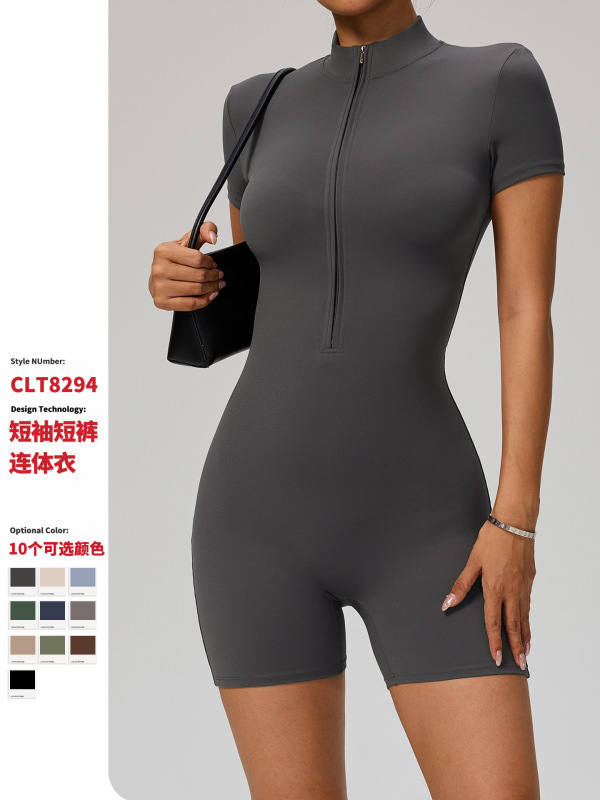 添亿欧美夏季拉链短袖瑜伽连体服女舞蹈健身紧身短裤运动连体衣|undefined