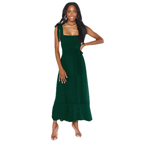 European and American dress, temperament, mid-length, fashionable and simple suspender skirt, slit hem, ruffle skirt