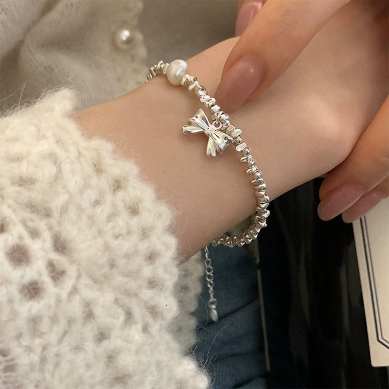 Silver 925 Pearl Bracelet, Minimal Beaded Design, Adjustable 12 cm