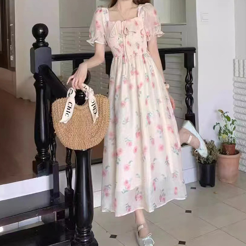 Tea break Japanese beautiful floral skirt summer 24 new high-end sense of small fragrance long small dress wholesale