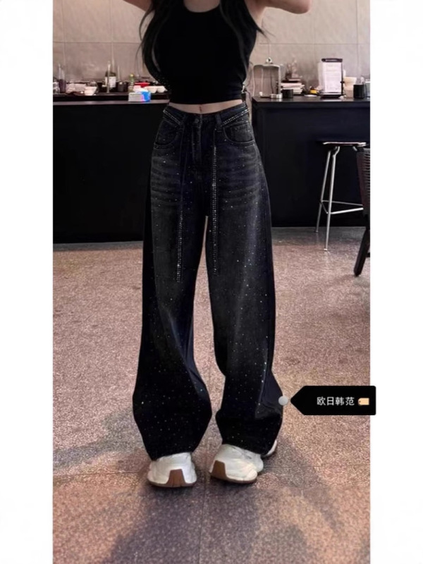 大码黑色高腰烫钻阔腿牛仔裤女秋季2025新款满天星设计显瘦拖地裤|undefined