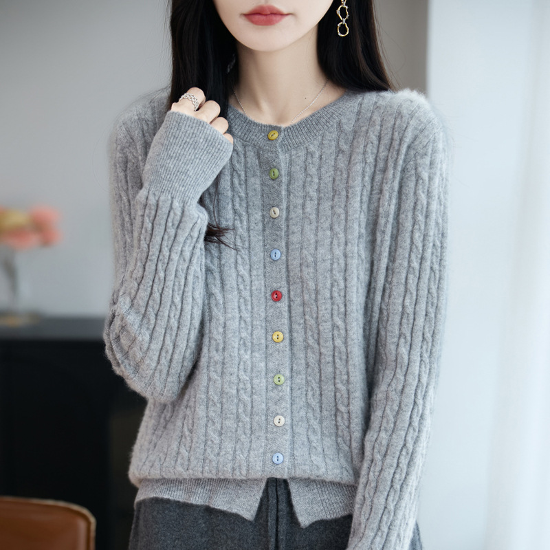 秋冬新款纯羊毛开衫女圆领宽松外套彩扣针织羊绒毛衣百搭女装上衣|undefined