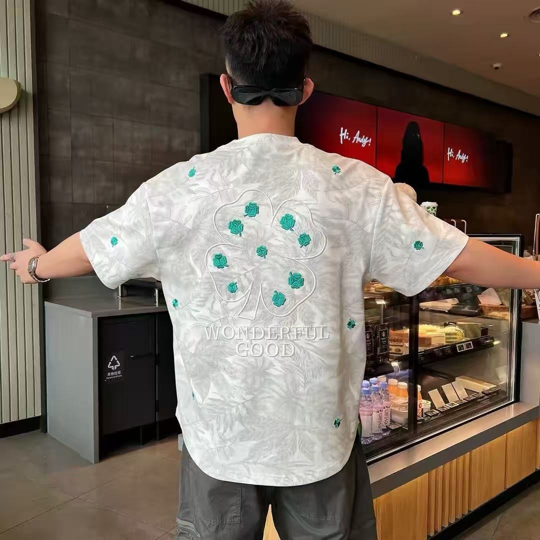 Men's Trendy Summer T-Shirt Style Casual Versatile Tie Dye Leaf Embroidery Short Sleeve Fashionable Lucky Four Leaf Clover_viptrois.com