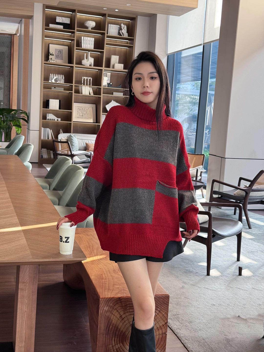 24 invierno Puyuan collar fz otoño invierno suéter de tamaño grande para mujeres 2024 nuevo estilo rayado