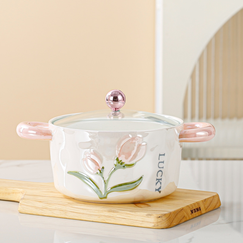 Tulip ceramic noodle bowl with lid ceramic tableware household set eating bowl binaural flower tableware gift personality
