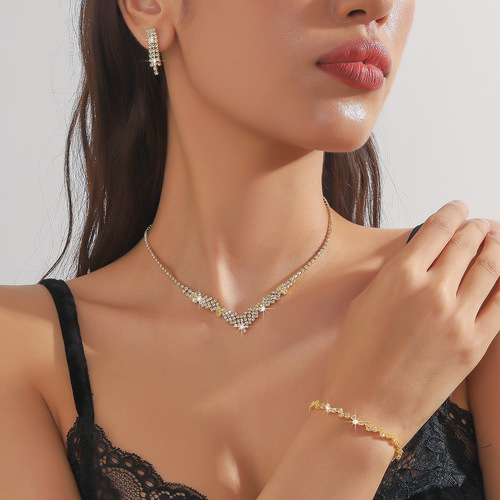 European and American fashion rhinestone full diamond necklace earrings bracelet set Amazon full diamond claw chain rhinestone three-piece set