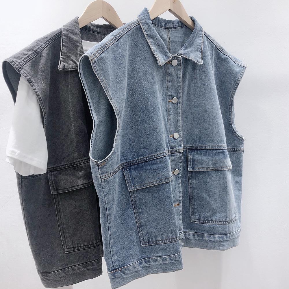 Denim Vest Vintage Washed BF Style Tooling Denim Shoulder Ware Japanese Couple Sleeveless Loose All-match Coat Women