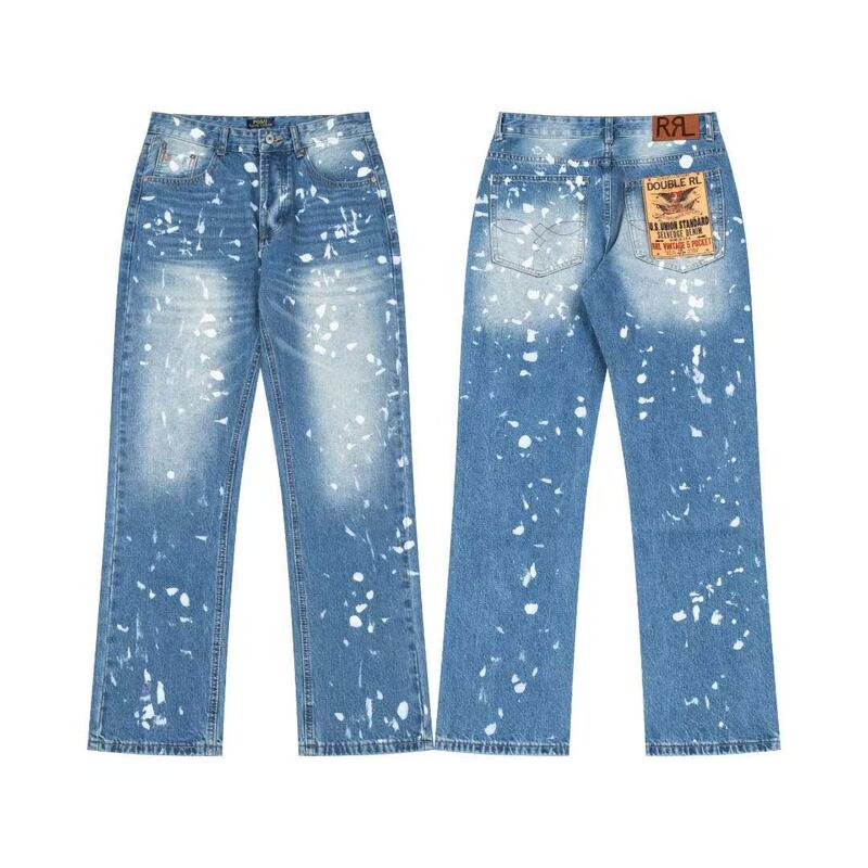 Foreign Trade In-Stock Rl Ralph Lauren American-Style Workwear Artistic Splash-Ink Design Logo Couple's Washed Denim Jeans Foreign Trade In-Stock Rl Ralph Lauren American-Style Workwear Artistic Splash-Ink Design Logo Couple's Washed Denim Jeans
