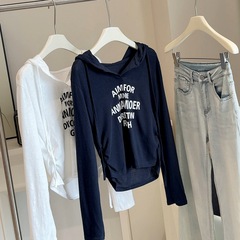 2025早秋新款字母印花抽绳连帽长袖T恤女洋气修身褶皱显瘦上衣潮