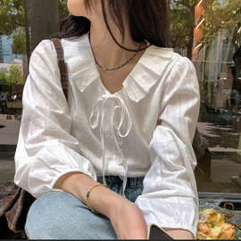 韩国chic早春甜美减龄单排扣飘带拼接木耳边宽松百搭泡泡袖衬衫女
