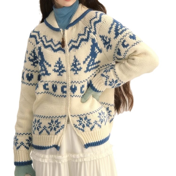 Kadın Giyim Kış Kayak Orijinal Nordic Retro Fair Isle Noel Ağacı Kazak Bol Örgü Hırka Ceket_voghion.com
