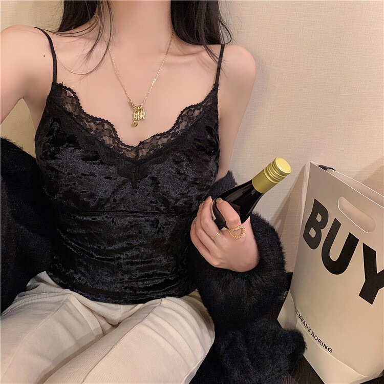 Pure desire elegant sexy small sling gold velvet comfortable vest lace V-neck evening dress sling fixed Cup vest Pure desire elegant sexy small sling gold velvet comfortable vest lace V-neck evening dress sling fixed Cup vest