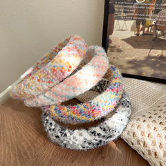 2023新款彩虹色毛線發箍秋冬甜美可愛女生高顱頂頭箍壓發香風頭飾