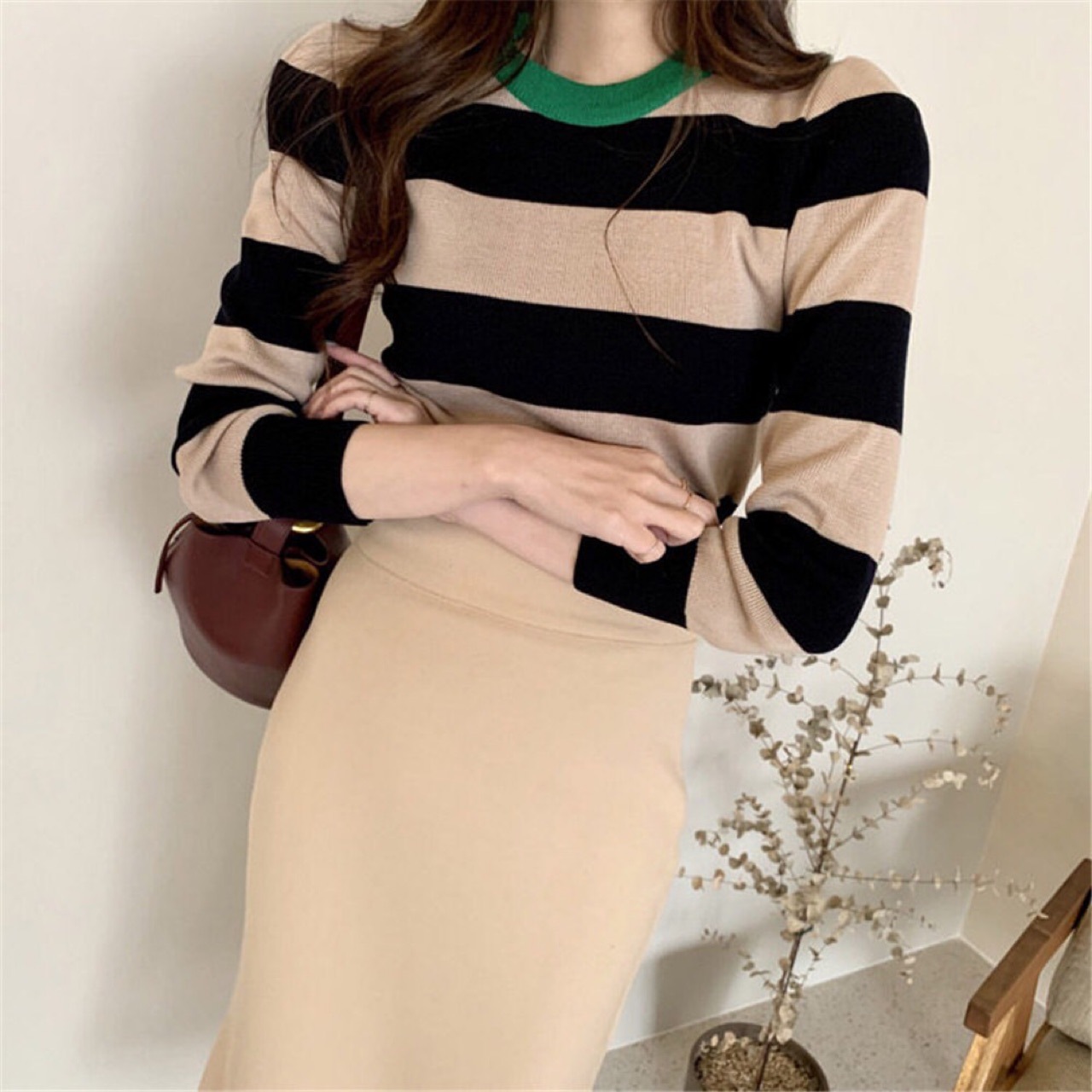 Round Neck Pullover Striped Slim Long-Sleeved Sweater NSFYF86034