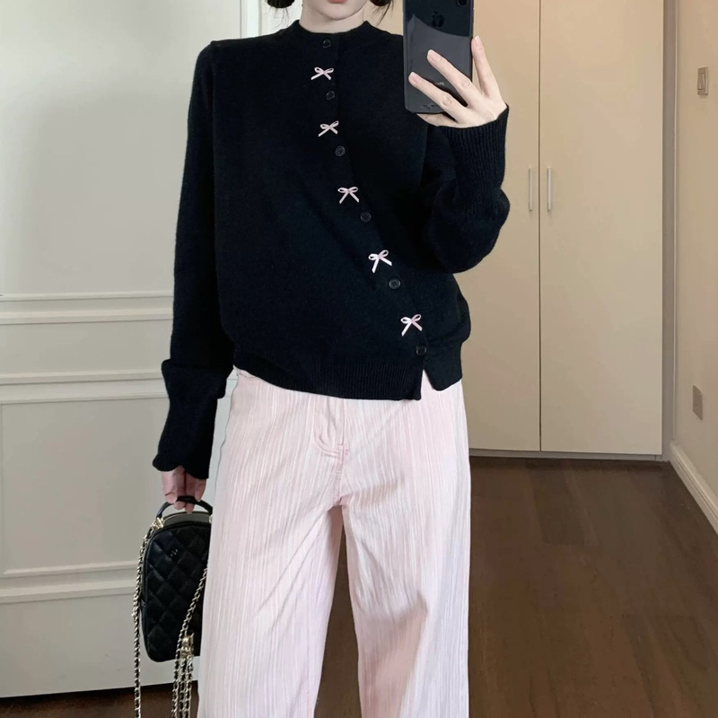 韩系甜美蝴蝶结斜扣黑色毛衣女2025秋冬慵懒高级感针织开衫外套潮|undefined