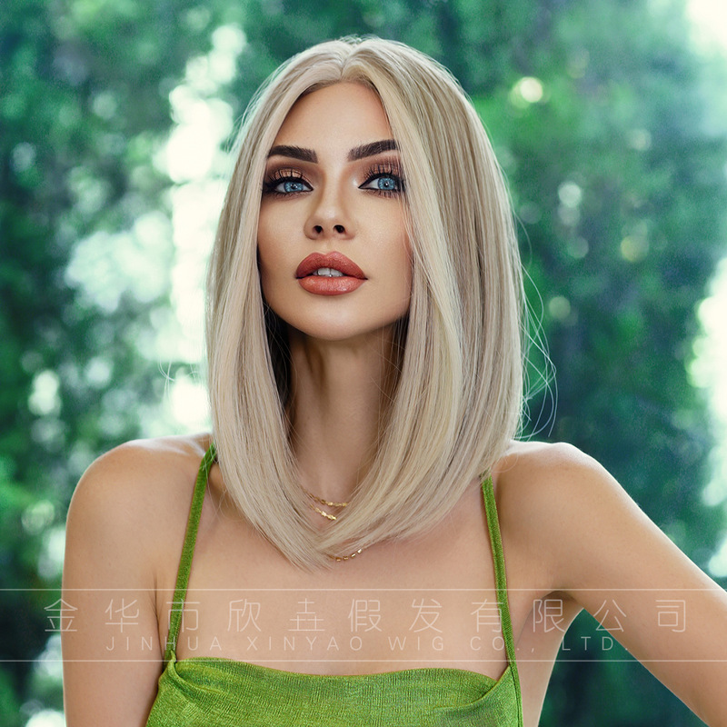 Hand-woven small lace wig women's blonde shoulder-length straight hair with fetal hair bangs highlighting chemical fiber bob wig wholesale Hand-woven small lace wig women's blonde shoulder-length straight hair with fetal hair bangs highlighting chemical fiber bob wig wholesale