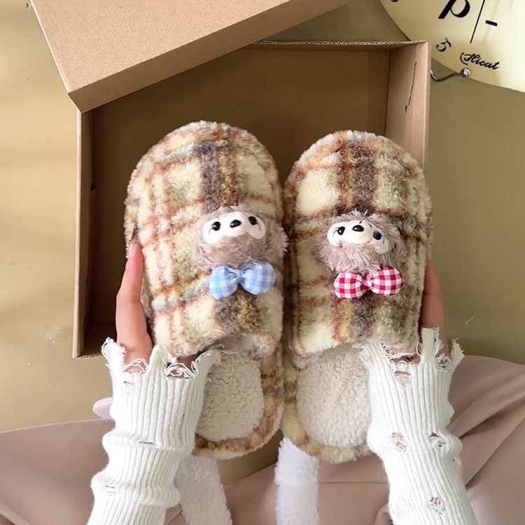 韩版雪莉玫毛毛拖鞋女外穿2025冬季新款居家保暖加绒防滑包头棉拖|undefined