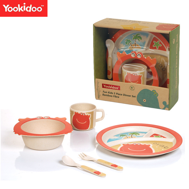 Vajilla infantil genuina Yookidoo, juego de cinco piezas de fibra de bambú para bebés, palillos, cuchara, tenedor, plato, taza, juego de alimentación combinado