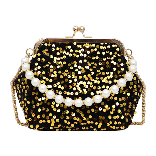 2024 Spring New Evening Bag with Glitter and Pearl Chain Shoulder Bag Women's Crossbody Bag Shell Bag