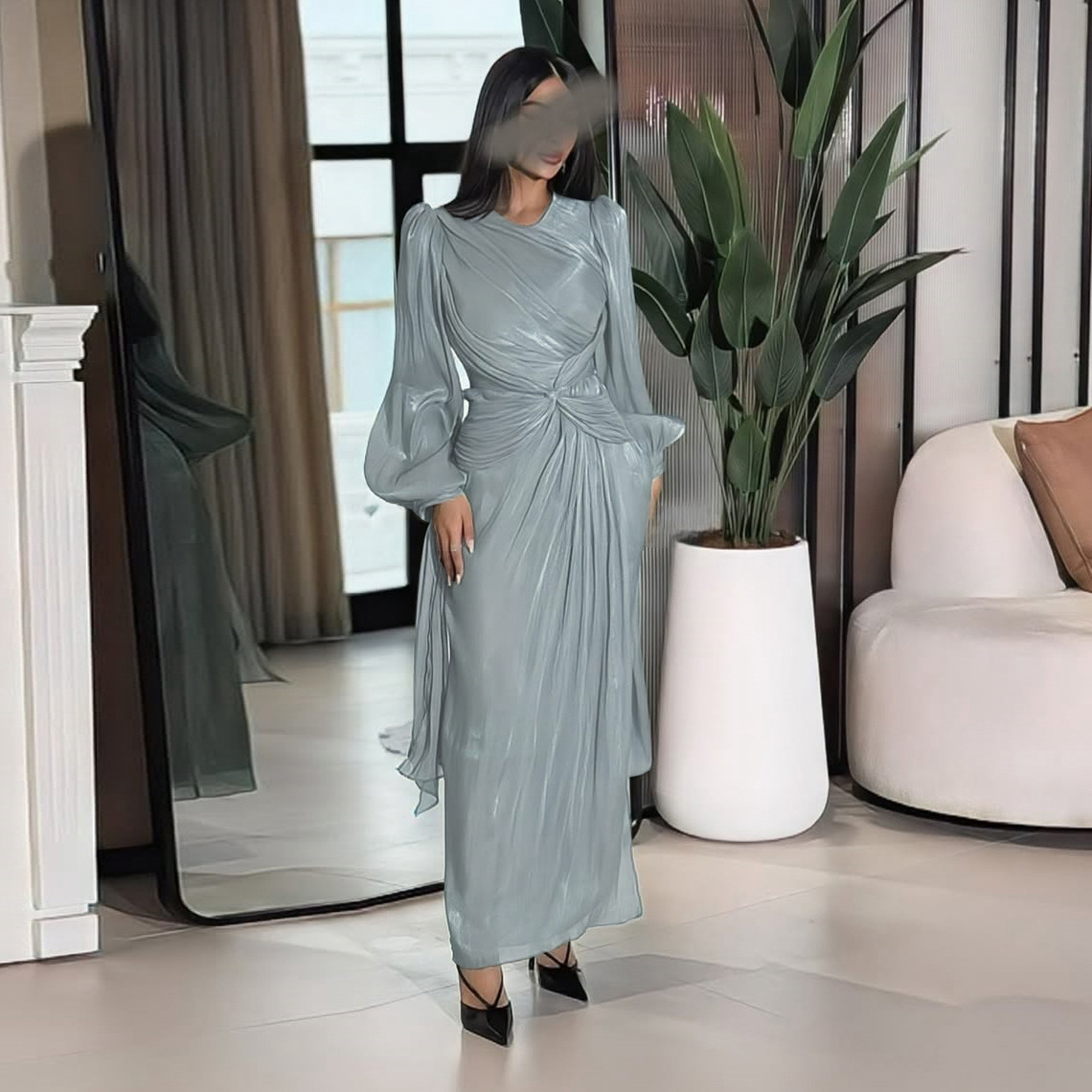 Women's Clothing Elegant Abaya Dress With Sparkle Fabric, Puff Sleeves & Waist Tie – Comfortable & Stylish Long Dress For Women (Brown/Grey, S-XXL)_voghion.com