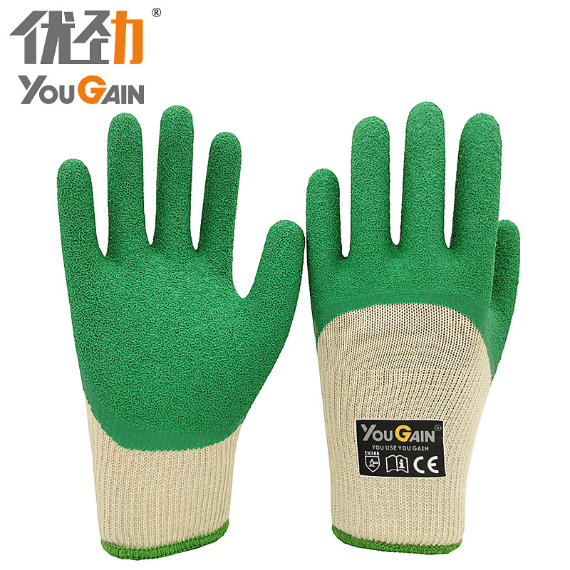 厂家批发棉纱3/4浸胶乳胶皱纹劳保手套抗磨止滑工地干活工作防滑