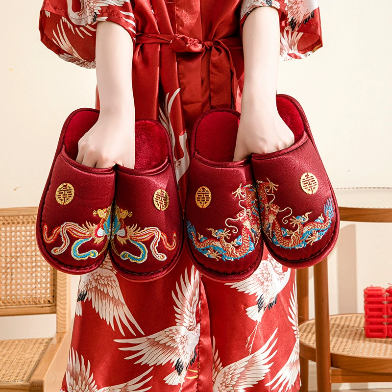 Осенние и зимние теплые свадебные хлопчатобумажные тапочки праздничный красный