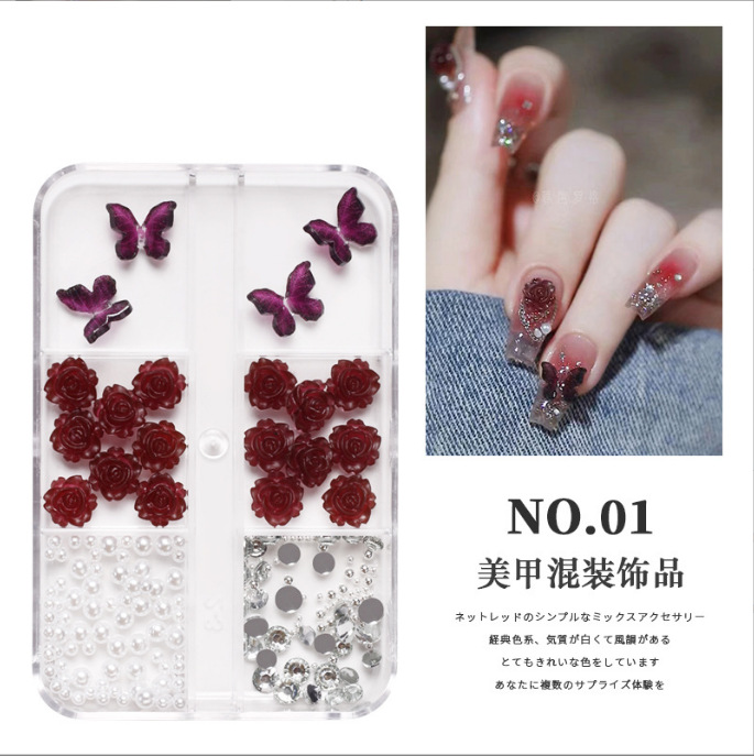 Manicura Nueva joyería retro negro Plum Salsa Camelia joyería arco perla clavo taladro conjunto caja