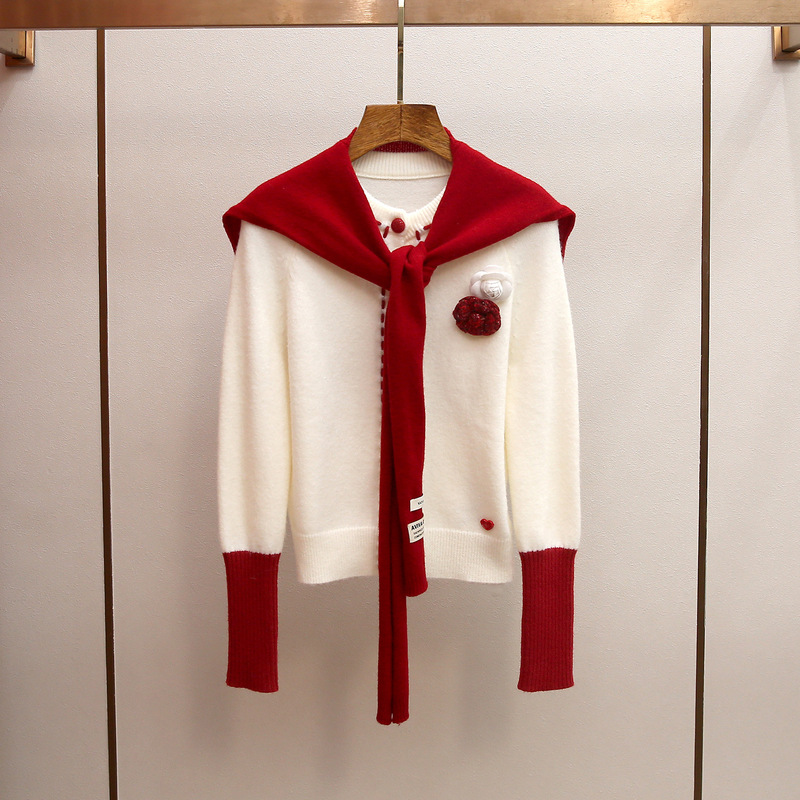 Shenzhen Nanyou High-End Women's Clothing Spring New Color-Blocking Shawl College Style Age-Reducing Camellia Knit Cardigan for Women Shenzhen Nanyou High-End Women's Clothing Spring New Color-Blocking Shawl College Style Age-Reducing Camellia Knit Cardigan for Women