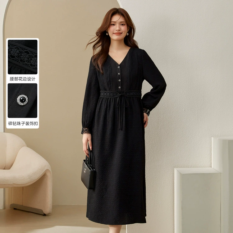 Слепое шоу большой размер женской одежды легкий ветер элегантный темперамент V-образный вырез талии тонкое платье жирное mm2024 осенний новый